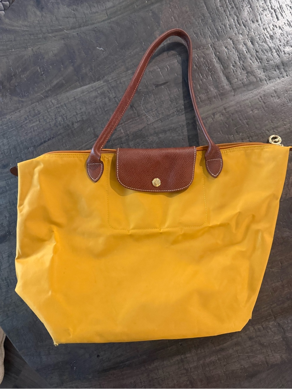 Longchamp Yellow Tote with Brown Leather Trim